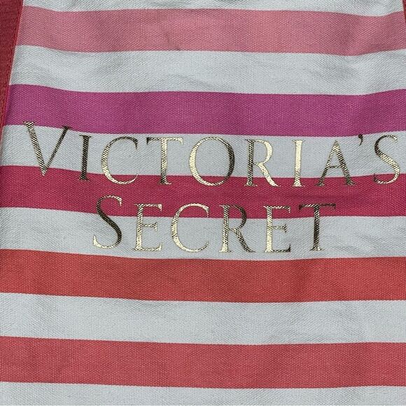 Victoria’s Secret Large Striped Lined Canvas Beach Tote Pink Orange White Gold - Picture 3 of 12